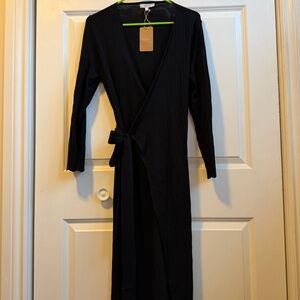 Black V Neck Wrap Knit Midi Dress L